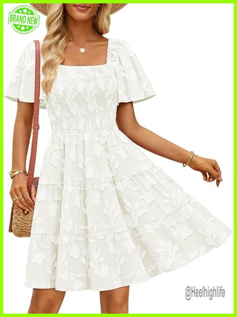 Boho Floral Mini Dress Square Neck Smocked A-Line Swing Sundress - Picture 1 of 7